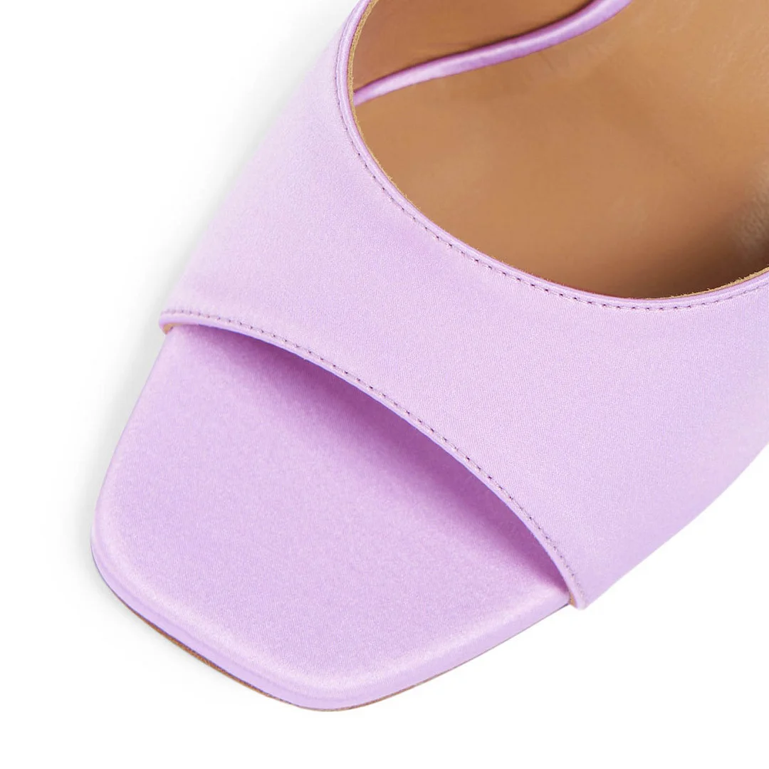 Purple Satin Open Square Toe Slip On Heeled Mules with Rhinestone