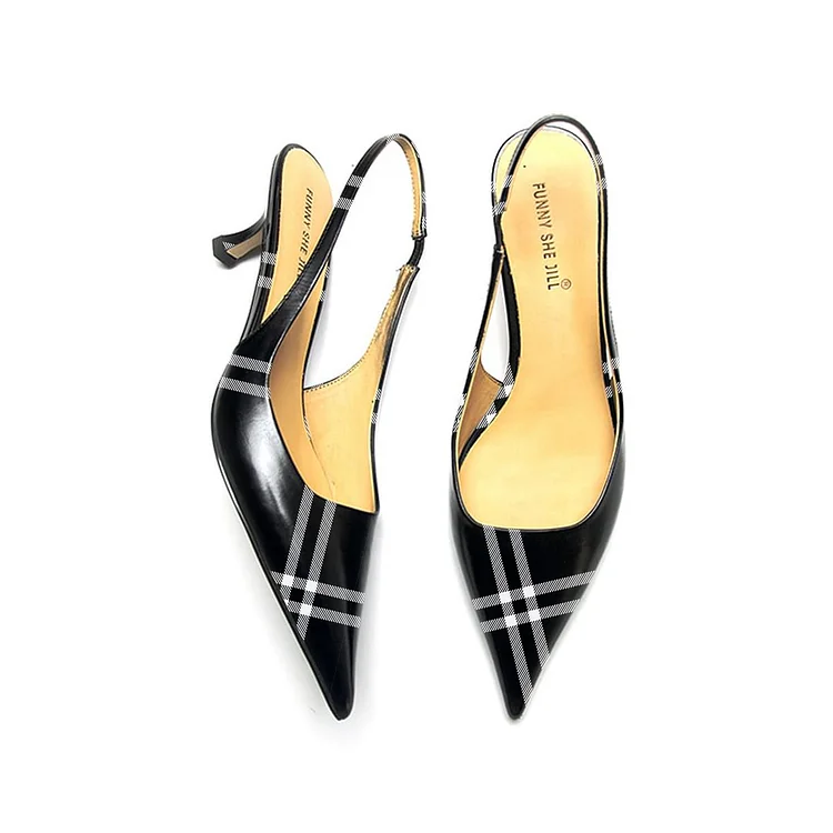 White Plaid Slingback Kitten Heels for Elegant Dressing |FSJ Shoes
