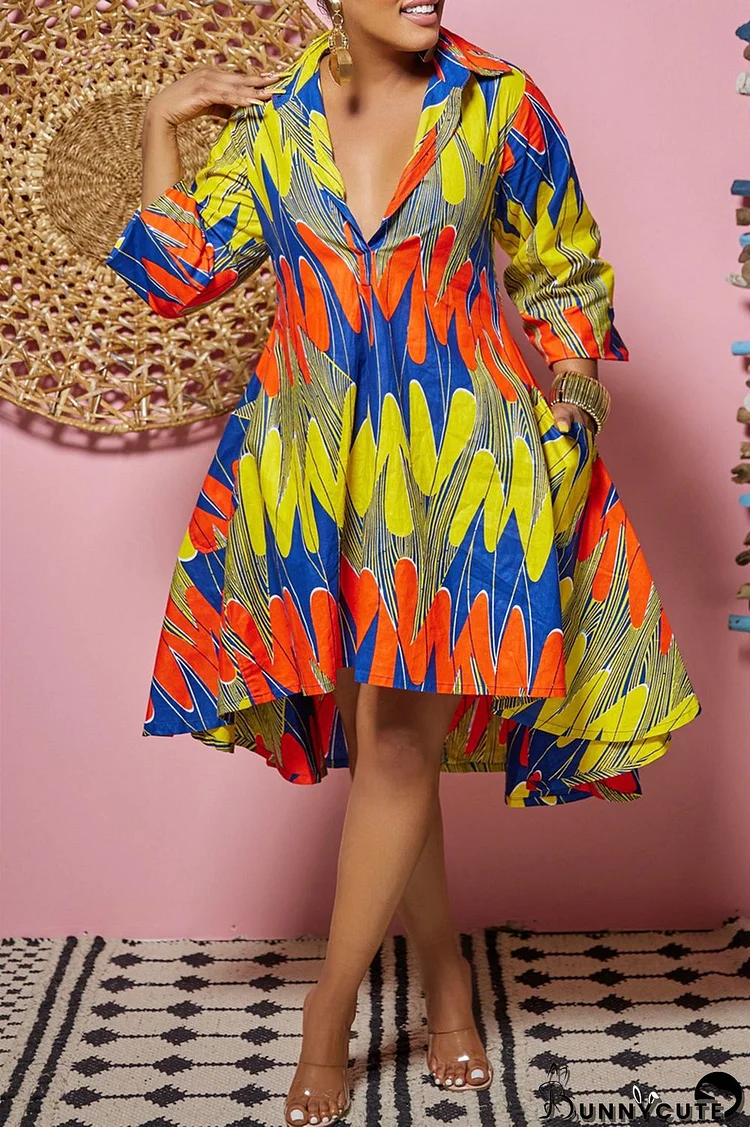 Multicolor Fashion Casual Print Patchwork Turndown Collar Shirt Dress