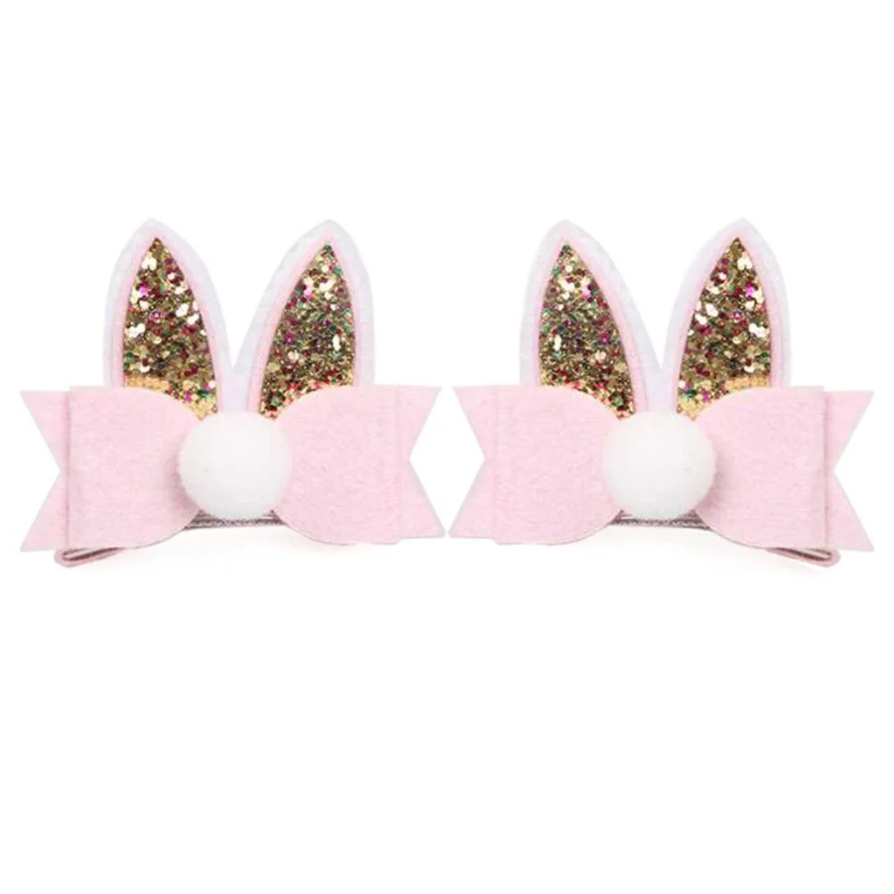 2pcs/Set Cute Hair Clips For Girls Glitter Rainbow Felt Fabric Flowers Hairpins Cat Ears Bunny Barrettes Kids Hair Accessories