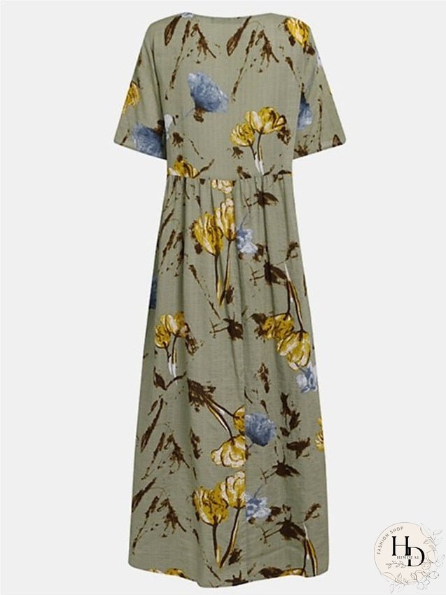 Cotton Linen Dress Casual Dress Maxi long Dress Cotton Blend Basic Casual Outdoor Daily Vacation Crew Neck Ruched Print Short Sleeve Summer Spring Loose Fit Green khaki Flower S M L XL for Women