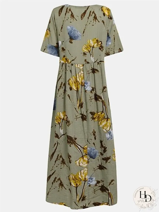 Cotton Linen Dress Casual Dress Maxi long Dress Cotton Blend Basic Casual Outdoor Daily Vacation Crew Neck Ruched Print Short Sleeve Summer Spring Loose Fit Green khaki Flower S M L XL for Women