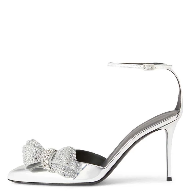Silver Pointed Toe Ankle Strap Pumps Rhinestone Bow Heels |FSJ Shoes