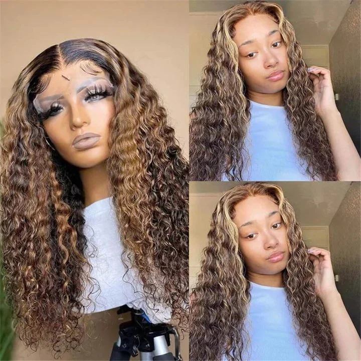 Water Wave Ombre Brown Highlights Lace Front Wigs Colored Human Hair Wig Pre Plucked Bleached Knots