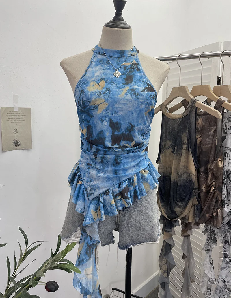 Uveng Trend Irregular Hanging Neck Dyeing Net Yarn Vest Lotus Side Ribbon Short Sleeveless Top 9969