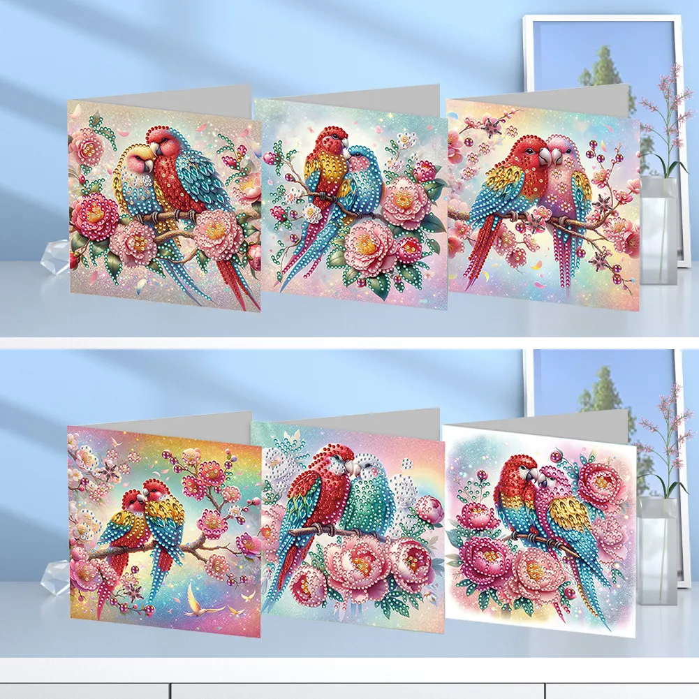 6Pcs Parrot On Tree DIY Diamond Painting Greeting Card 5D Drill Painting Card【With White Envelope】