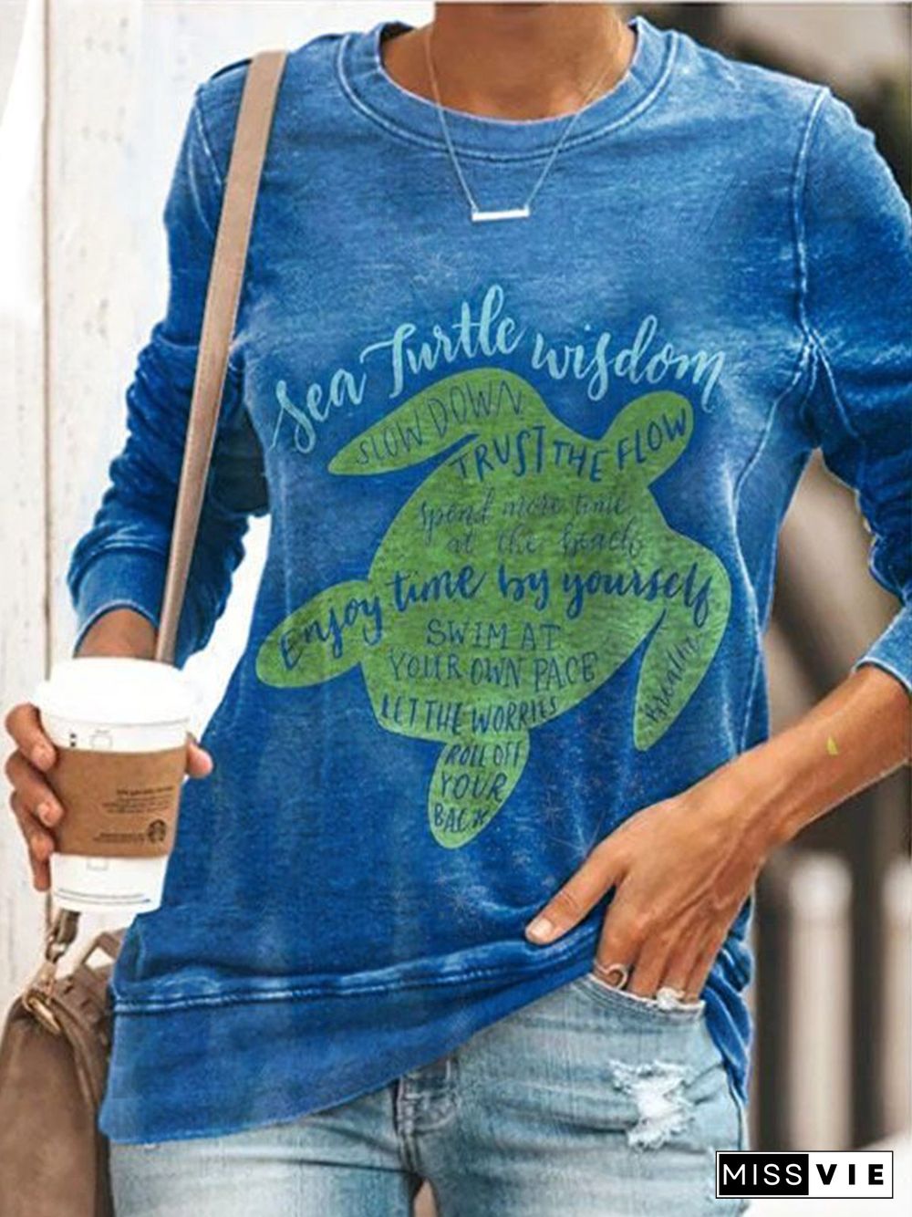 Vintage Plus Size Long Sleeve Crew Neck Statement Letter Printed Casual Tops