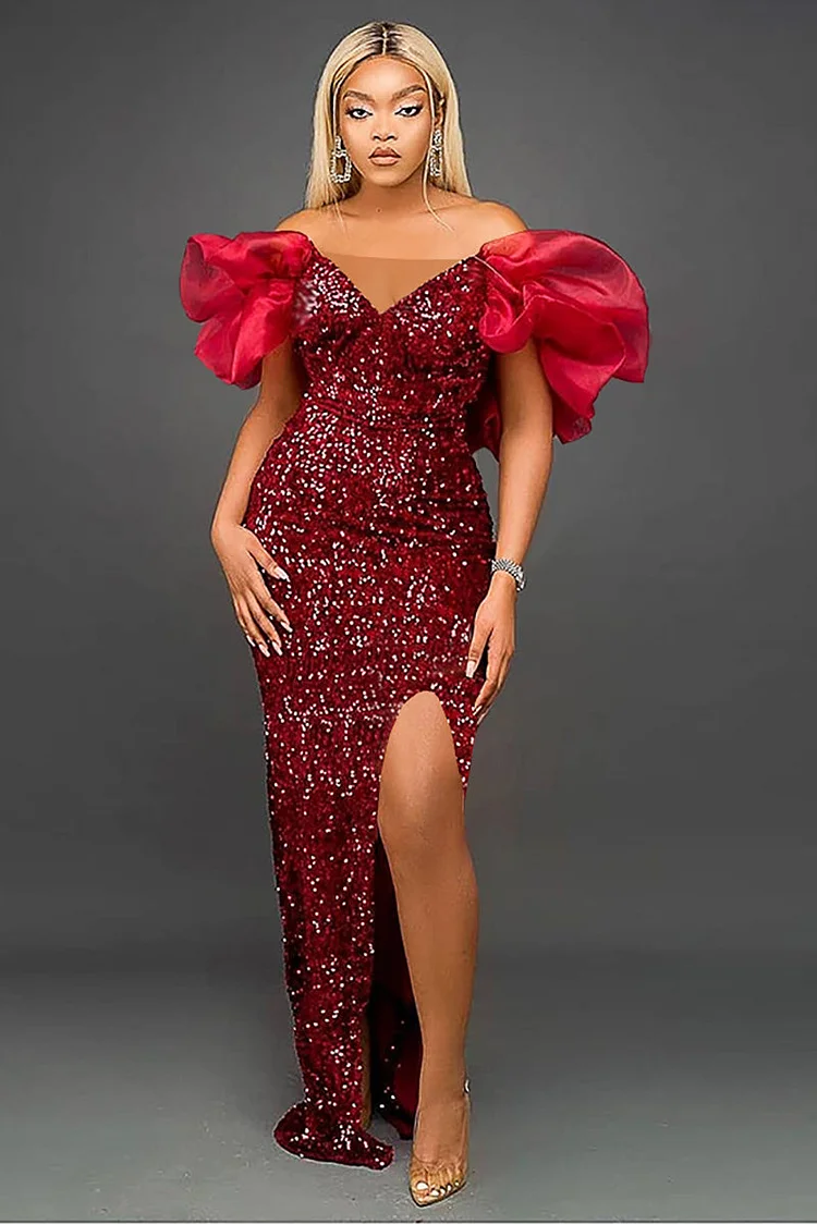 Sequin V Neck Puff Sleeve Split Gown Maxi Dresses