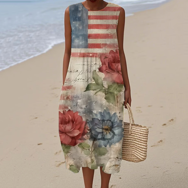Women's Vintage Independence Day Print Design Midi Tank Dress wearshes
