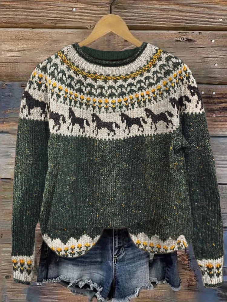 Vintage Horse Pattern Icelandic Style Women s Sweater