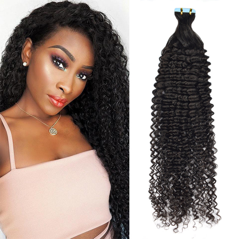 #1B Kinky Curly Tape in Hair  Extensions 20pcs 50g/pack Seamless Skin Weft Hair | 100% Human Hair | BORUIHAIR
