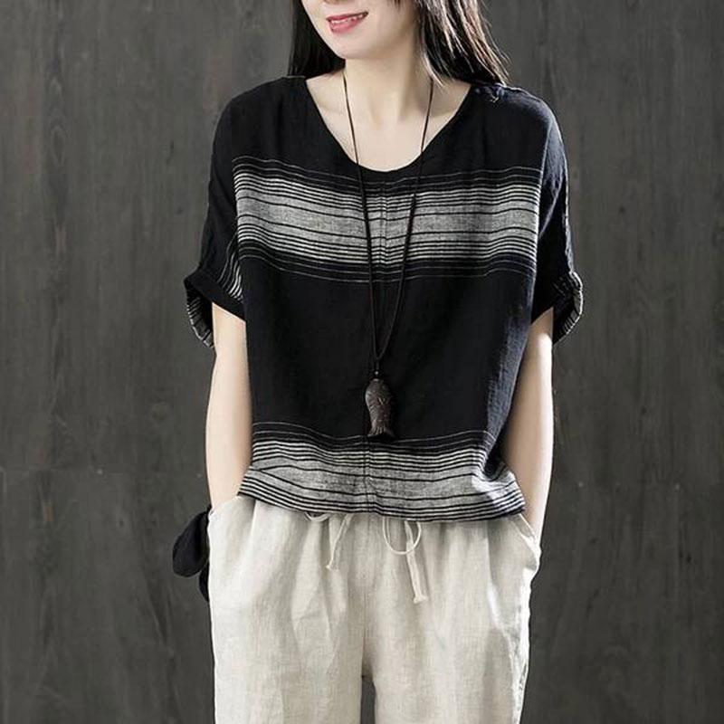 Loose Batwing Sleeve Tee Cotton Striped Vintage Shirt