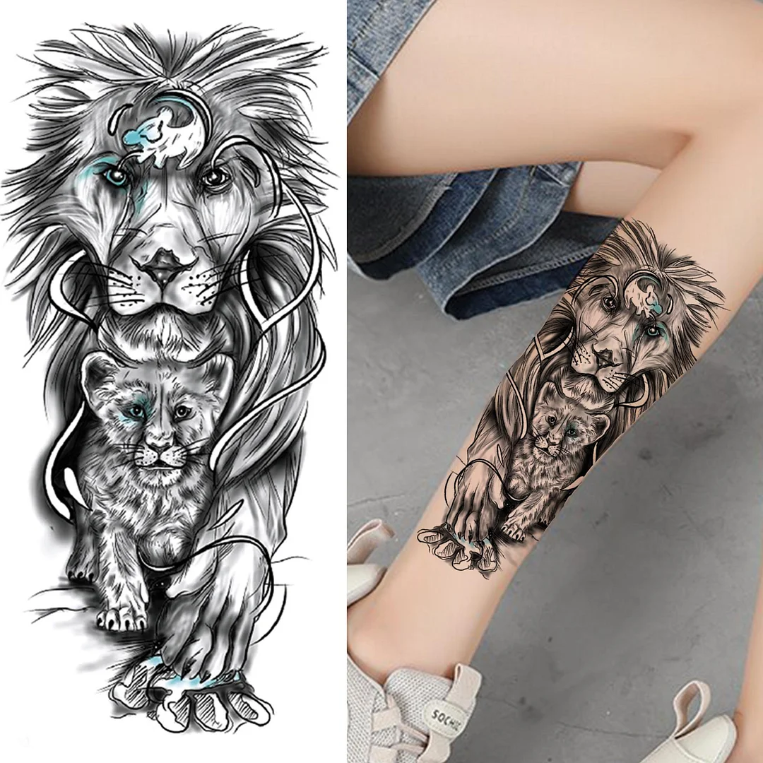 Sdrawing Lion Temporary Tattoo For Women Men Adult Skull Tiger Wolf Forest Tattoo Sticker Black Fake Realistic Demon Tatoos Forearm