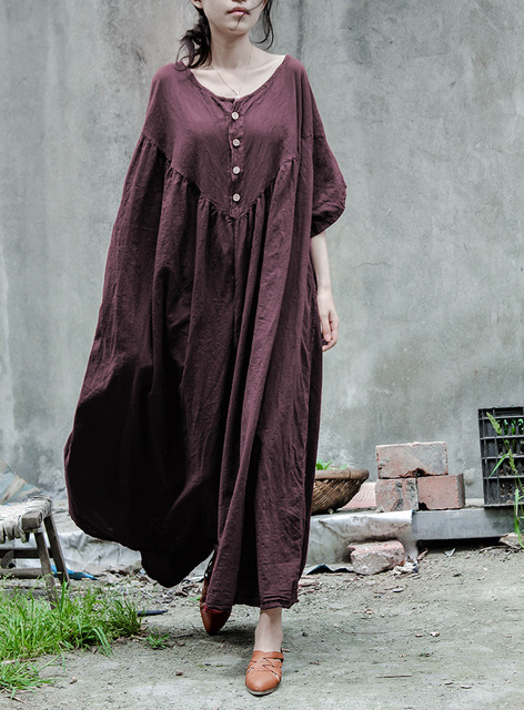 Cotton Linen Loose Solid color Cotton Flax Dress