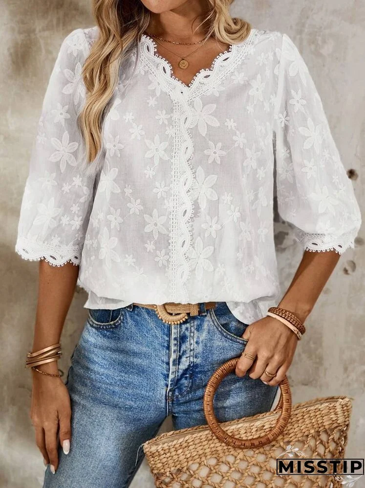 Women's Summer Loose Fit Floral And Striped Vacation Shirt With V-Neckline And Curved Hem