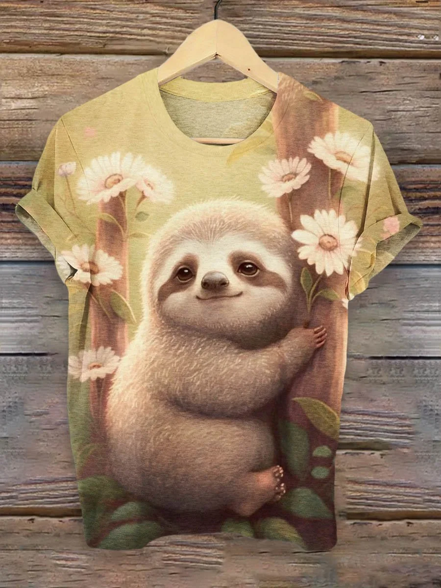 Eagerlys Sloth Flower Art Pattern Print T-shirt Eagerlys