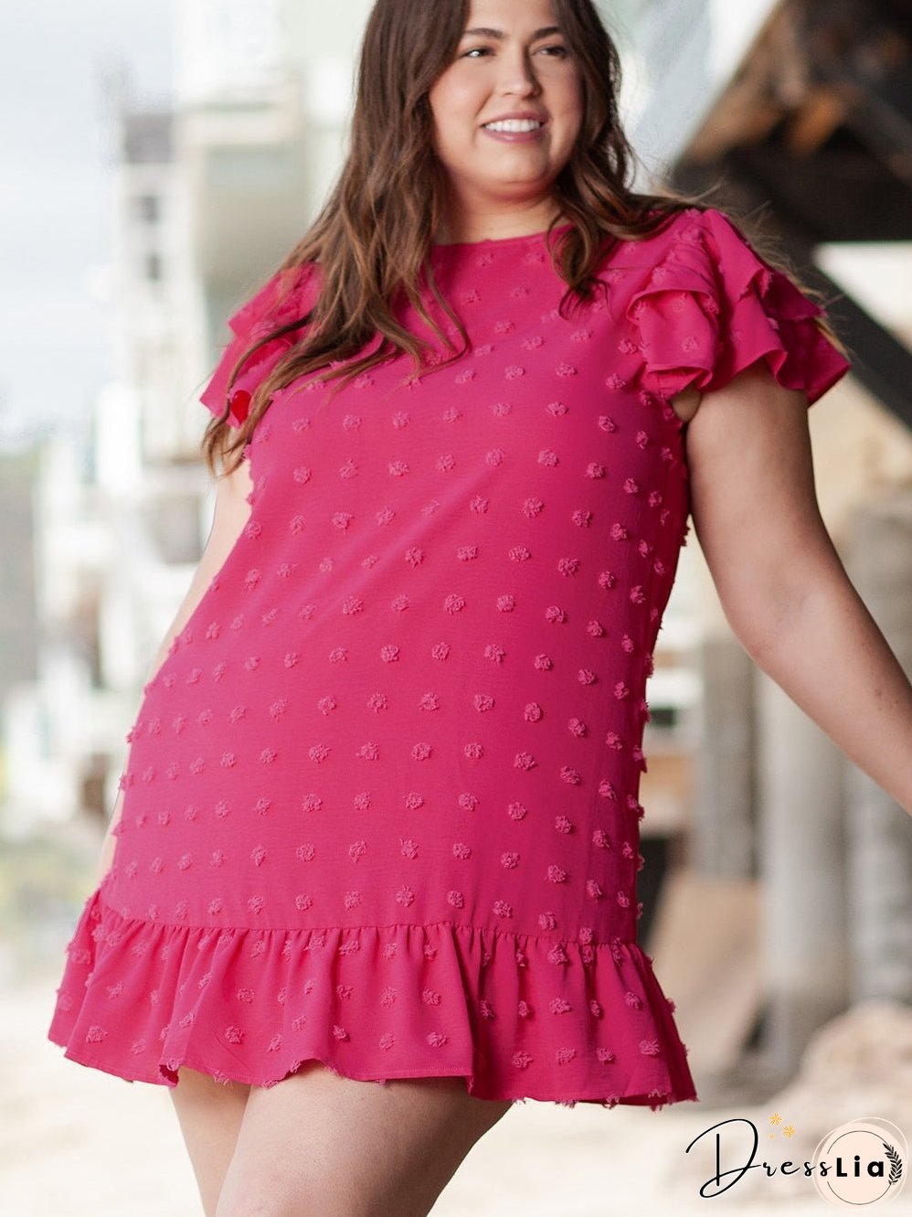 Strawberry Pink Jacquard Ruffle Sleeve Plus Size Mini Dress