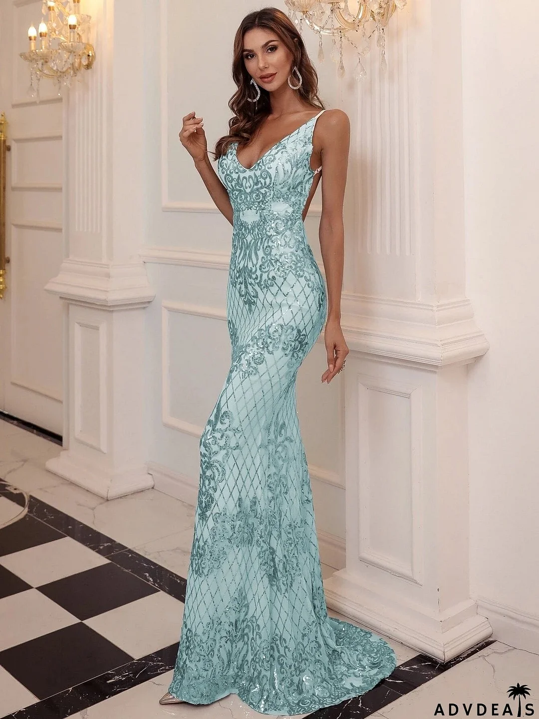 Glitter Mermaid Backless Spaghetti Evening Dress M0645