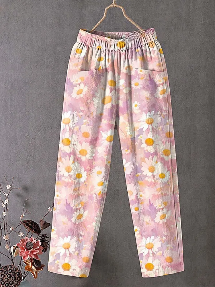 Women's Lovely Floral Art Printed Cotton And Linen Casual Pants