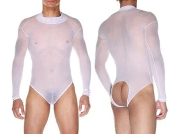 pornhint Pornhint Mens Bodysuit 'See Through Bodysuit' Men Open Underwear, Crotchless Panties-Sheer Body Suit Open White Gay Lingerie Sexy Transparent Costume
