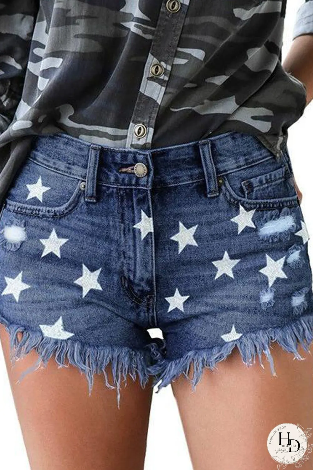 Star Printed Tassel Denim Hole Shorts