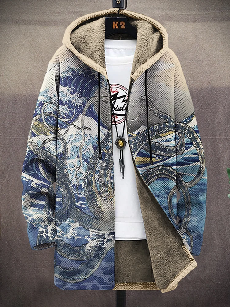 Men's Sea Wave Octopus Art Print Fleece Lined Hooded Trench Coat