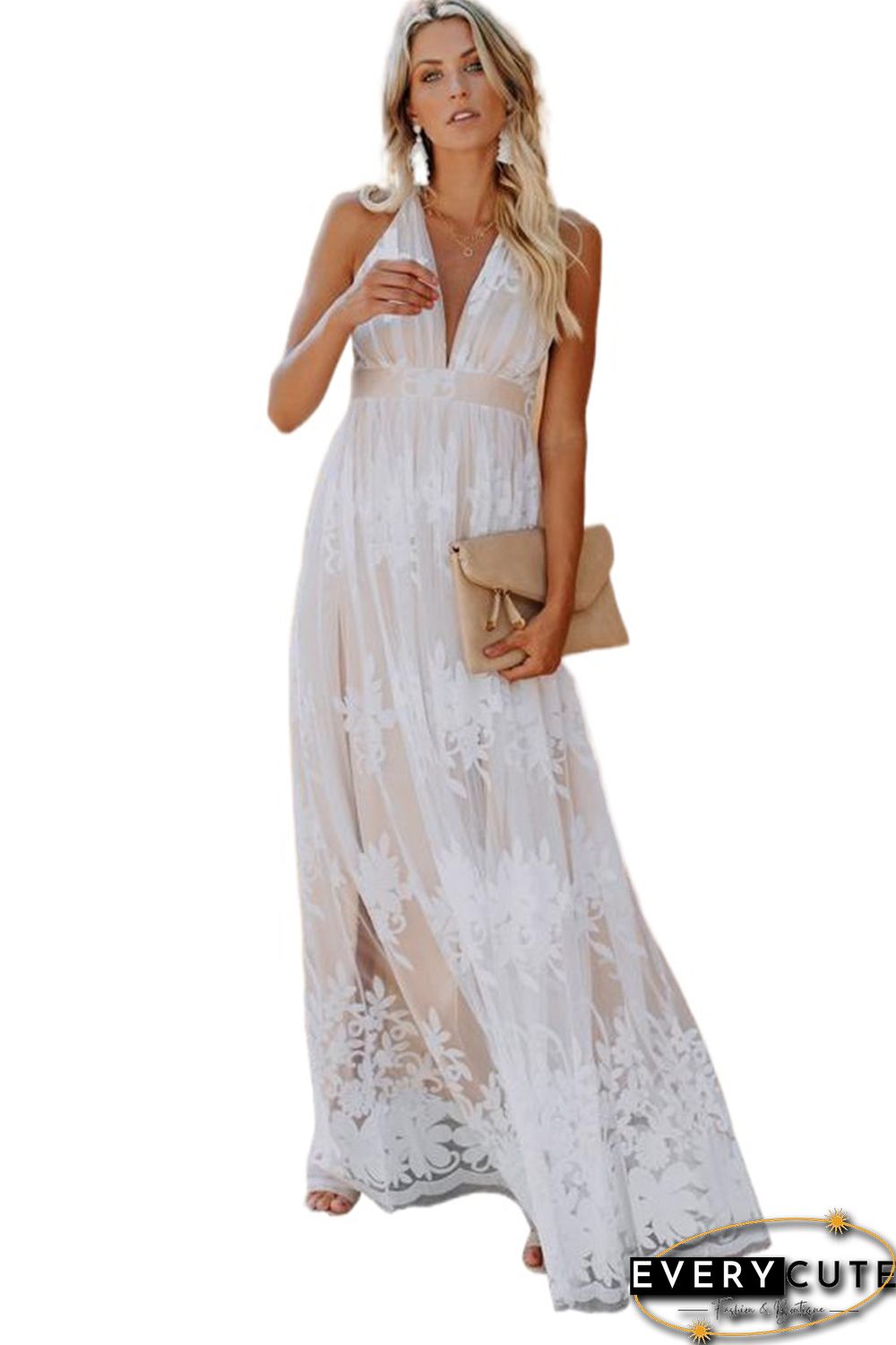 White Lace Contrast Backless Spaghetti Straps Maxi Dress