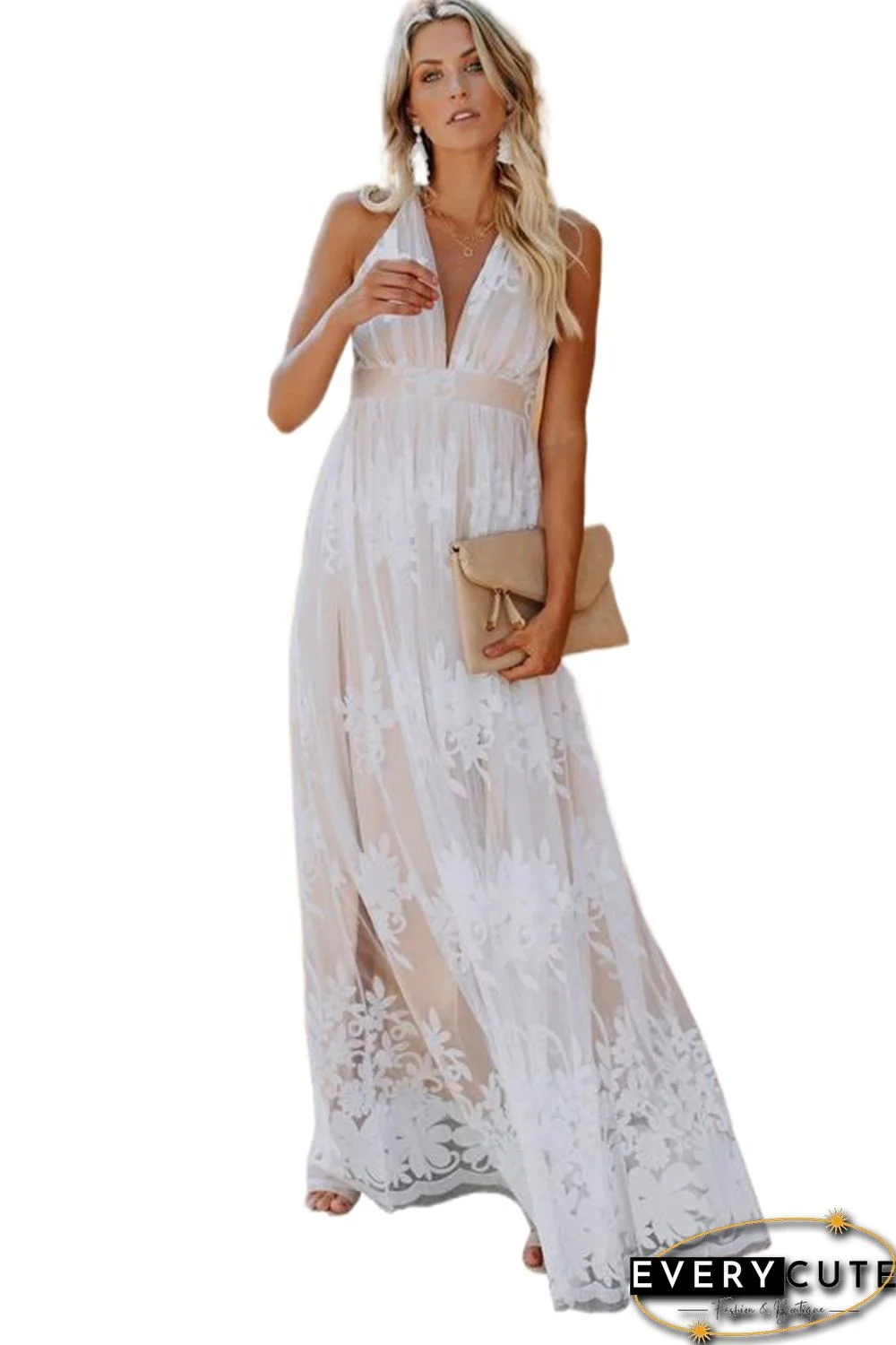 White Lace Contrast Backless Spaghetti Straps Maxi Dress