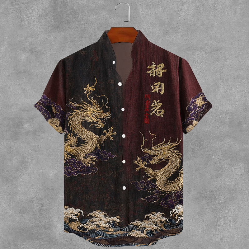 Men's Japanese Retro Dragon Art Casual Linen Shirt elevenforest