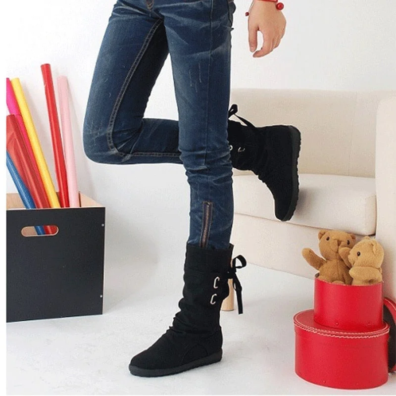 2022 New Mid-Calf Boots Women Fashion Platform Boots Slip On Lace-up Solid Flat Heels Ladies Casual Warm Shoes XWX7001