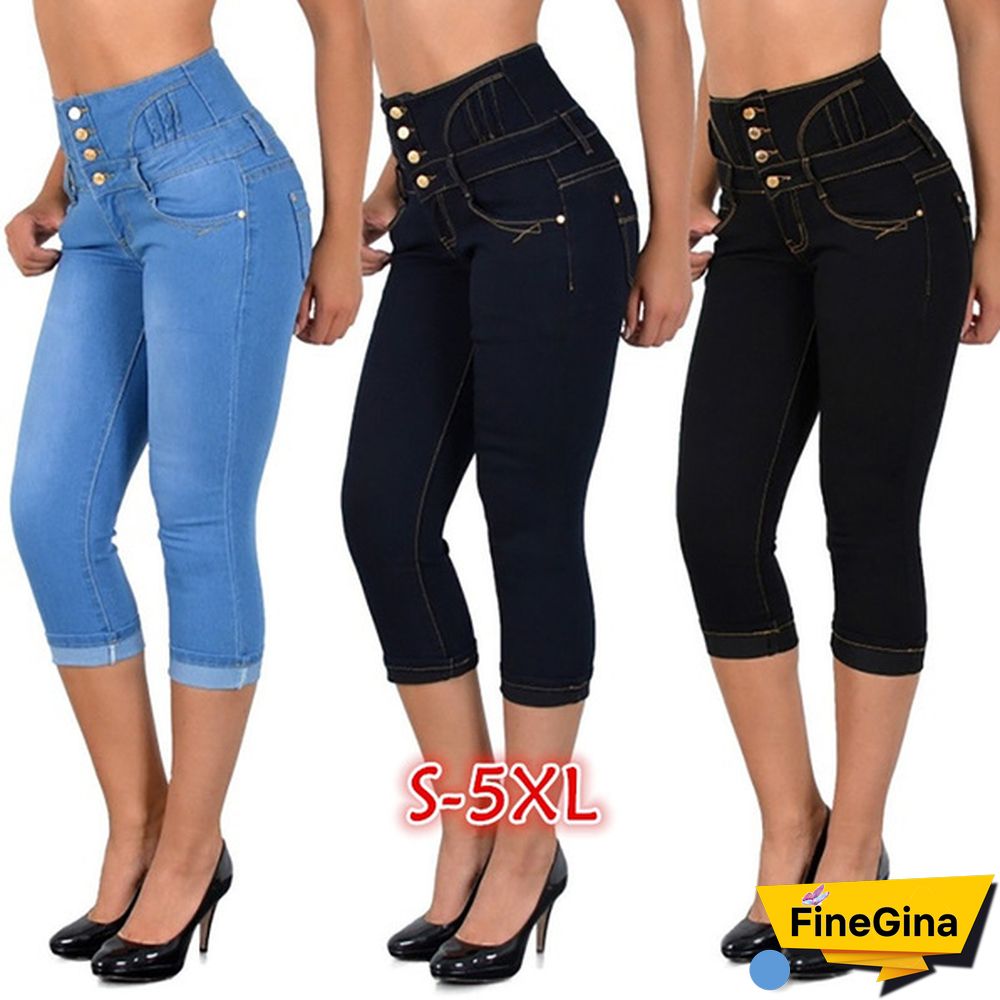 Plus Size Women's Fashion Summer Slim Fit Capri Jeans High Waist 3/4 Jeans Denim Shorts Women Package Hip Short Pants S-5XL