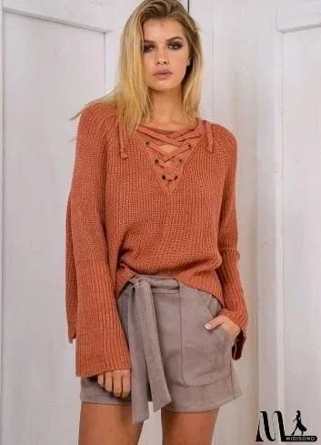 MidiSono - V Neck Solid Color Long Sleeve Knit Sweater