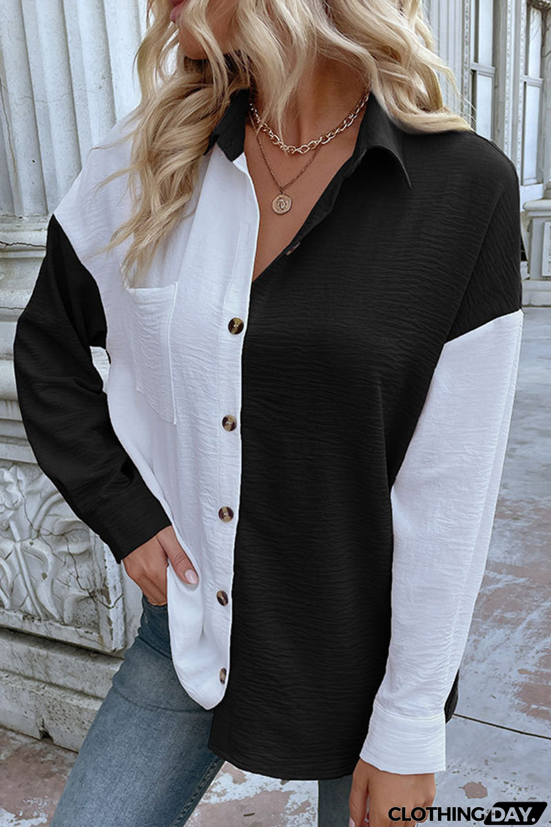 Elegant Color Block Pocket Contrast Turndown Collar Tops