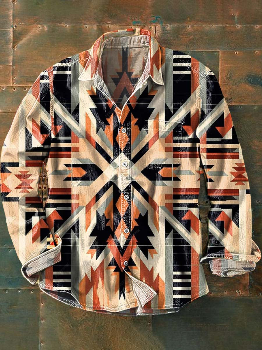 Men's Vintage Western Print Lapel Long Sleeve Shirt