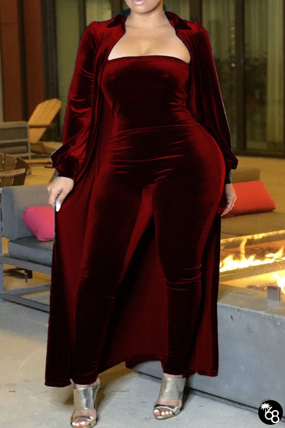 Plus Size Burgundy Sexy Casual Solid Patchwork Two Pieces | 168DEAL
