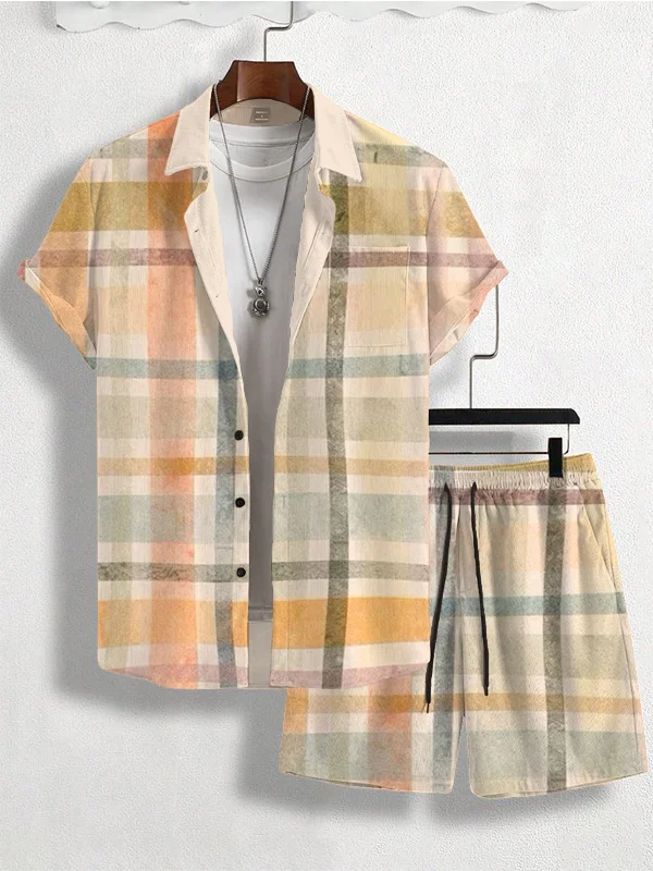 Men's Colorful Watercolor Checkered Pattern Art Print Short Sleeve Shirt Set