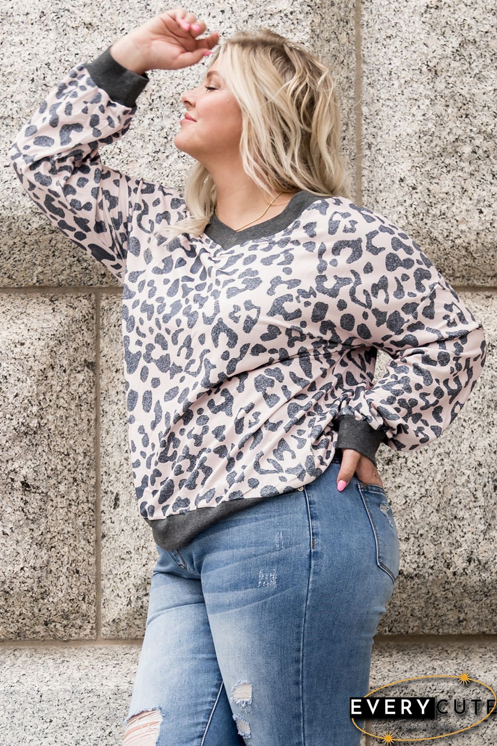 Leopard Print V Neck Loose Plus Size Blouse