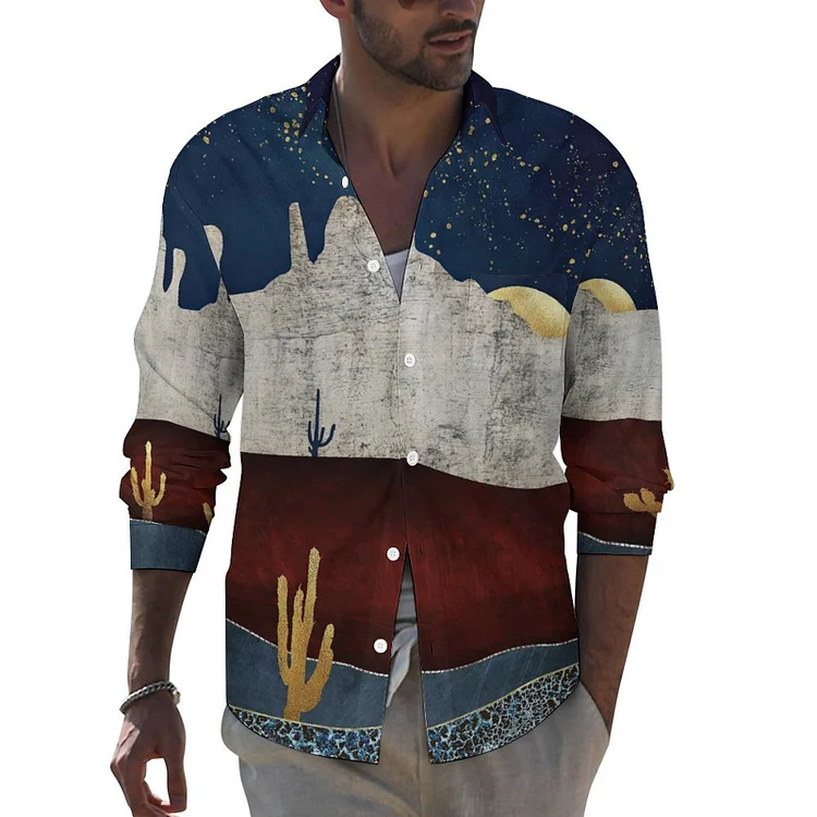 Lapel Pocket Long Sleeve Shirt Natural Landscape Illustration  customized, personalized, gift