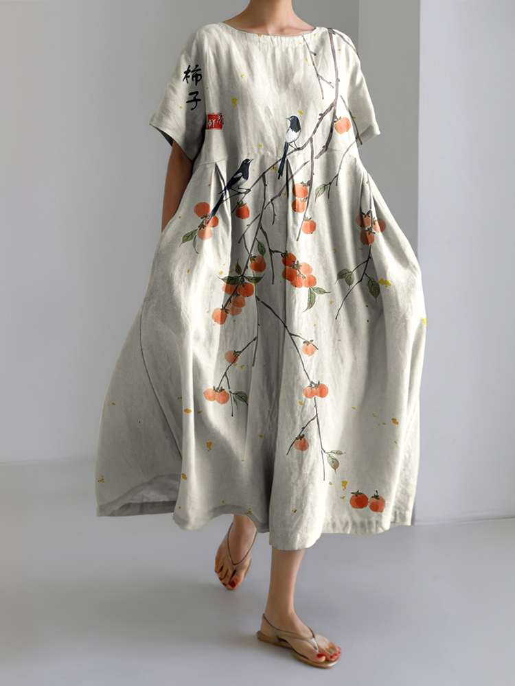 Comstylish Japanese Art Persimmon Linen Blend Short Sleeve Maxi Dress