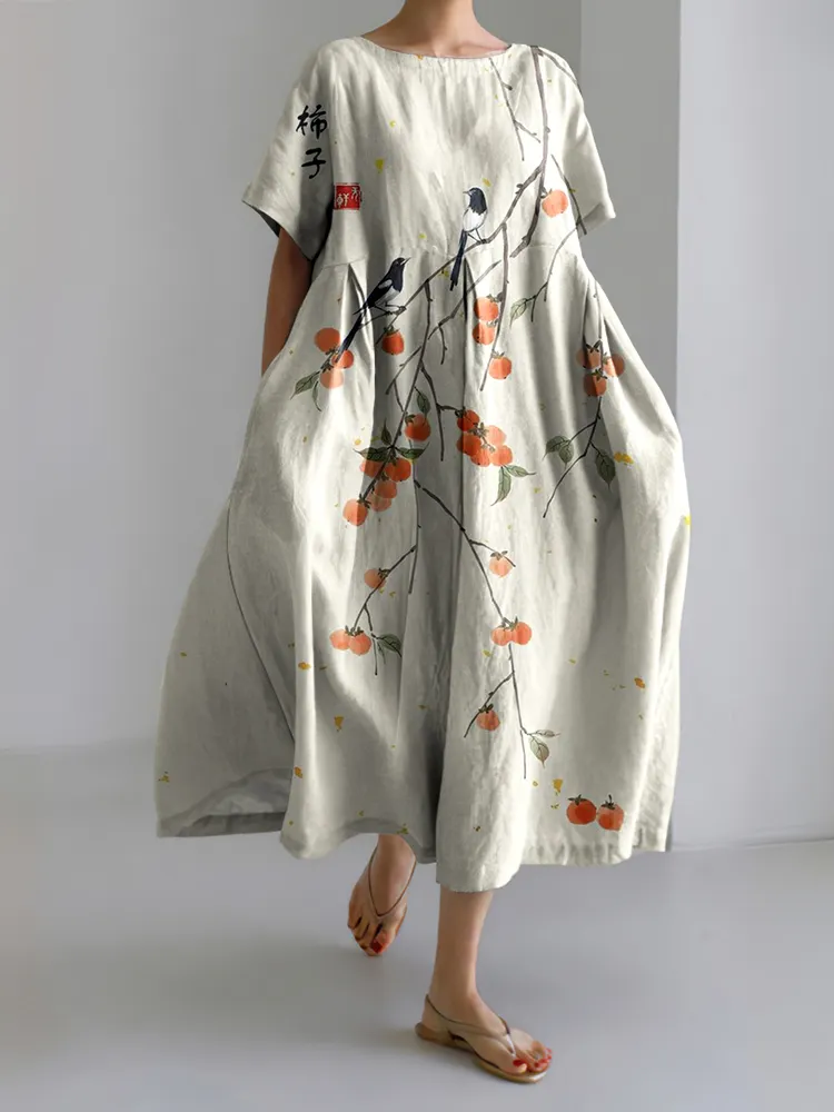 Japanese Art Persimmon Linen Blend Short Sleeve Maxi Dress