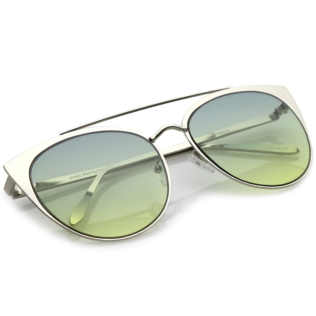 Women's Oversize Metal Crossbar Colored Flat Lens Cat Eye glasses 61mm