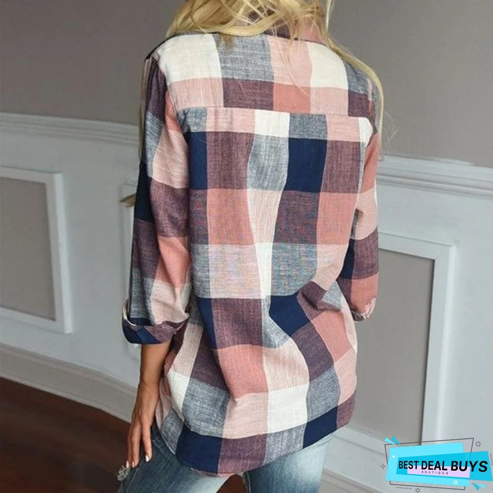 Fashion Women Casual Matching Color Long Sleeve Button Loose Plaid Shirt Top Blouse