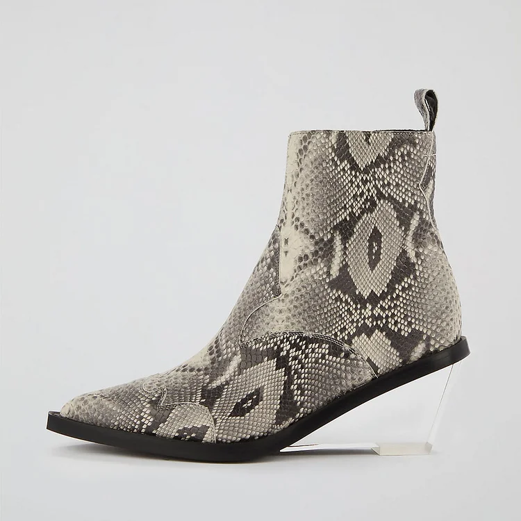 Gray Snakeskin Print Pointy Toe Wedge Heel Short Boots for Women |FSJ Shoes