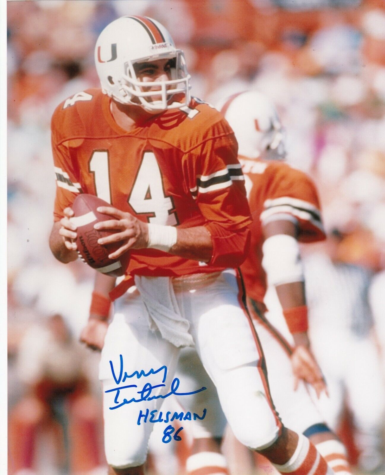 VINNY TESTAVERDE MIAMI HURRICANES HEISMAN 86 ACTION SIGNED 8X10