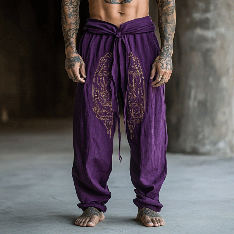 Men's Embroidery Pattern Casual Loose Drawstring Cotton Linen Harem Purple Pants-inspireuse