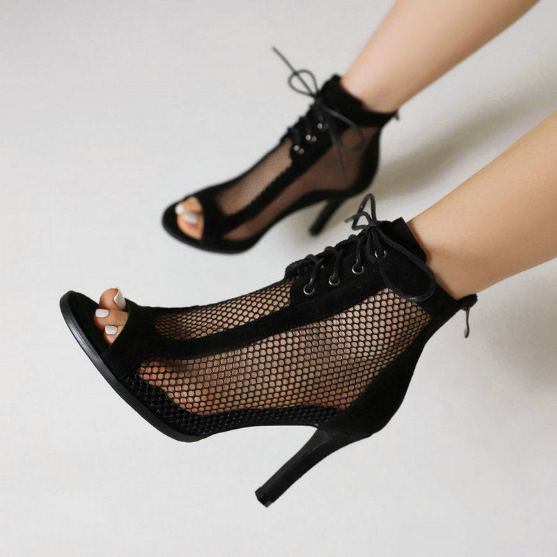 Women heel sandal stiletto back zipper hollow mesh peep toe lace up sandals