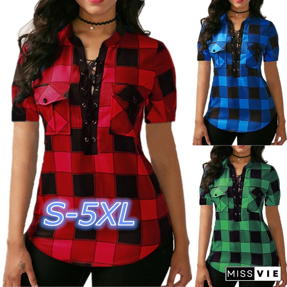 Summer Women's Fashion Sexy V-neck Lace Up Plaid Blouse Tops Irregular Short Sleeve Shirt