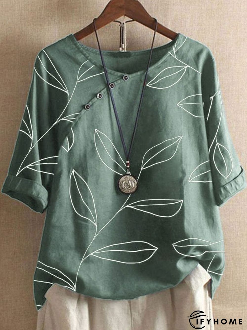 Linen Leaf Print Buttoned Short Sleeve Blouse | IFYHOME