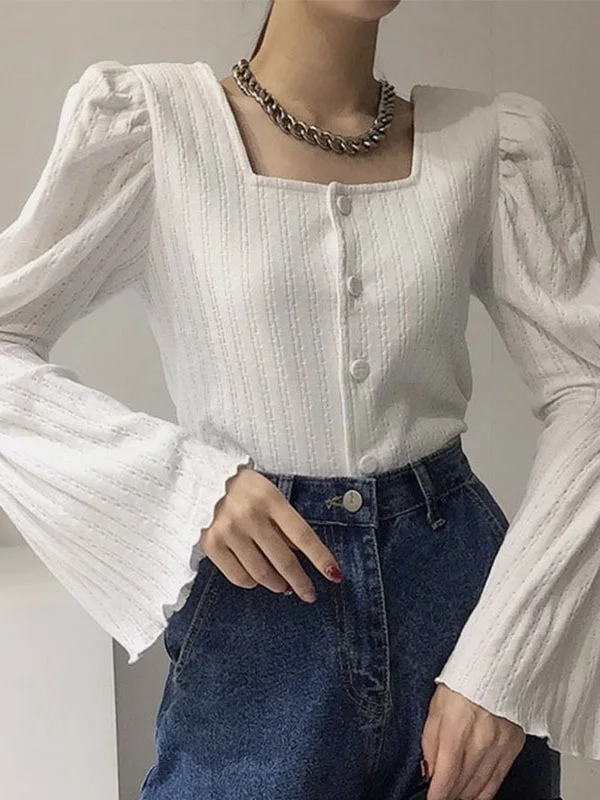 Square Neck Breasted Gathered Flare Sleeve Knit Cardigan Sweater