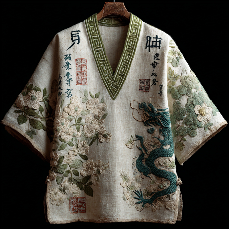Japanese Dragon & Flowers Calligraphy Art Linen Shirt elevenforest